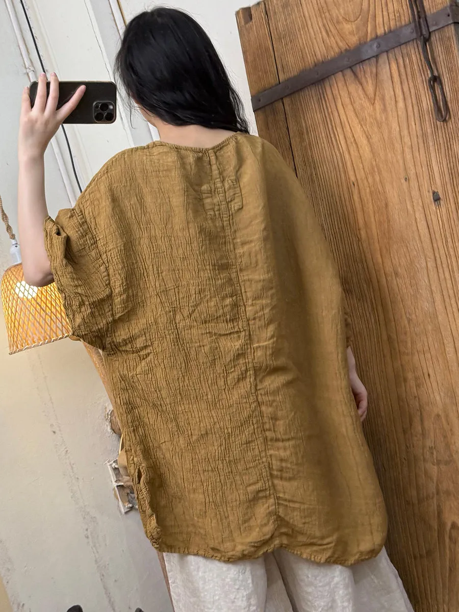 Women Summer Pure Color O-Neck Shirred Shirt