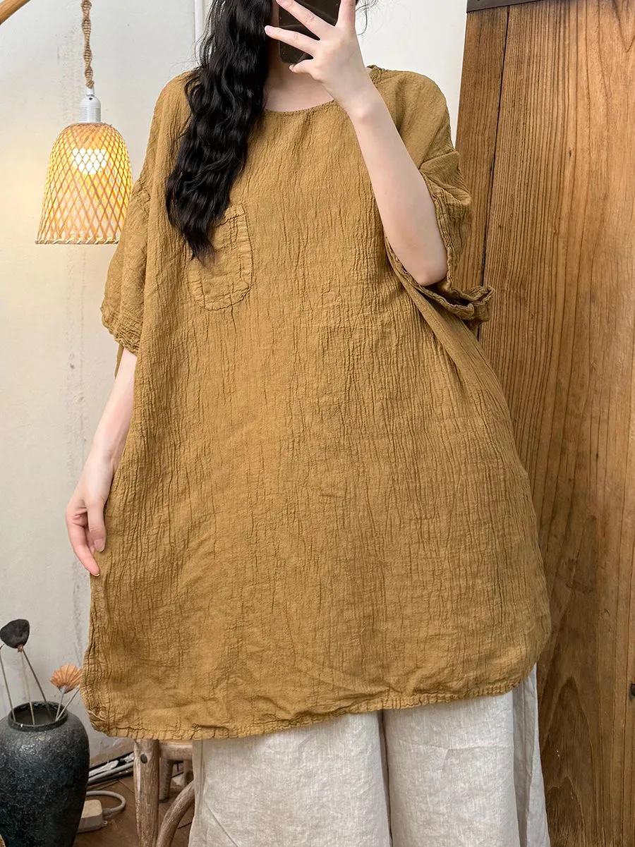 Women Summer Pure Color O-Neck Shirred Shirt
