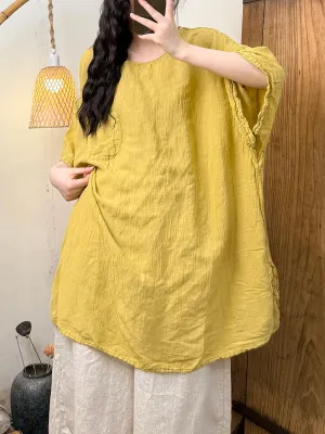 Women Summer Pure Color O-Neck Shirred Shirt
