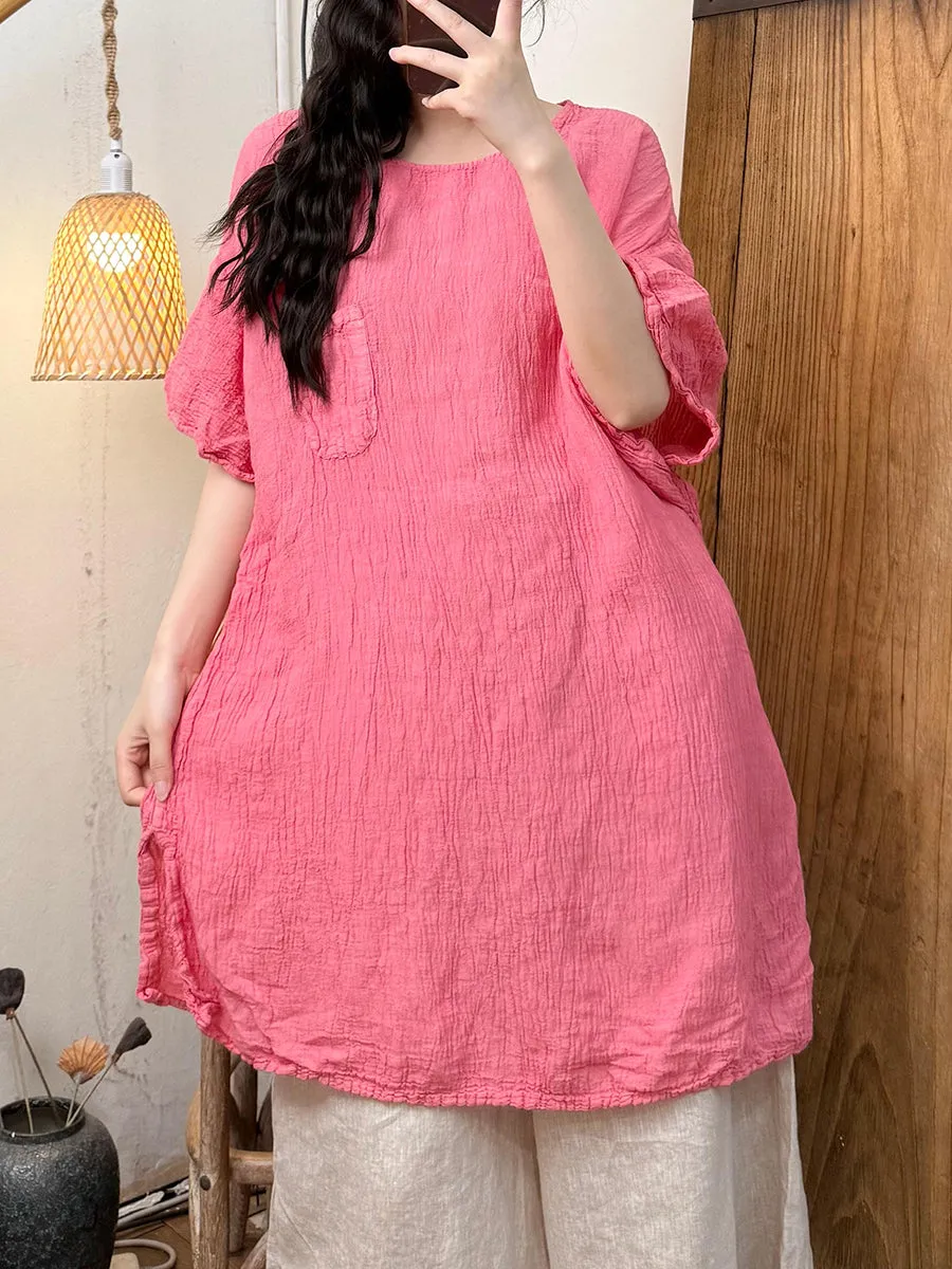 Women Summer Pure Color O-Neck Shirred Shirt