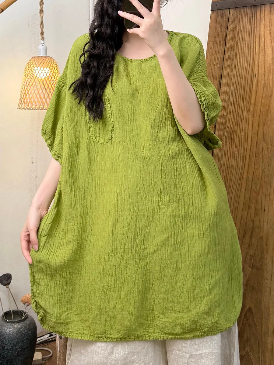 Women Summer Pure Color O-Neck Shirred Shirt