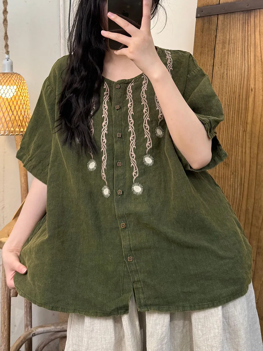 Women Summer Retro Embroidery O-Neck 100%Linen Shirt