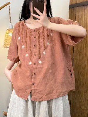 Women Summer Retro Embroidery O-Neck 100%Linen Shirt