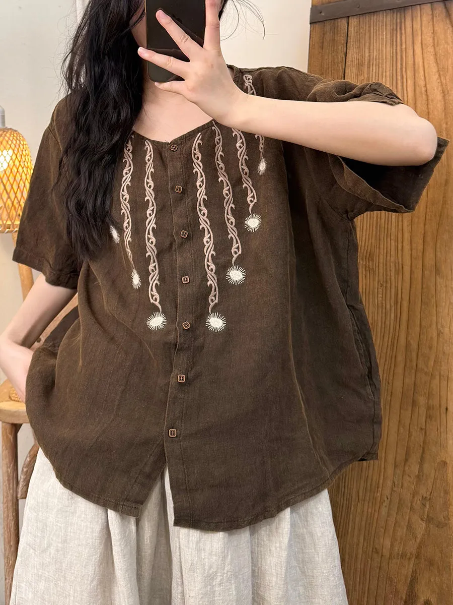 Women Summer Retro Embroidery O-Neck 100%Linen Shirt