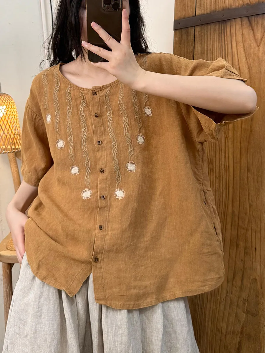 Women Summer Retro Embroidery O-Neck 100%Linen Shirt