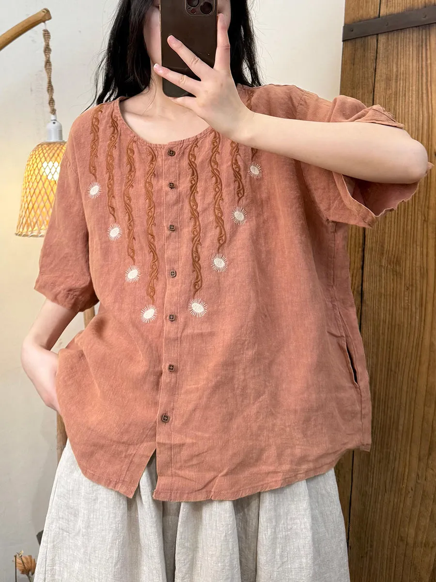 Women Summer Retro Embroidery O-Neck 100%Linen Shirt