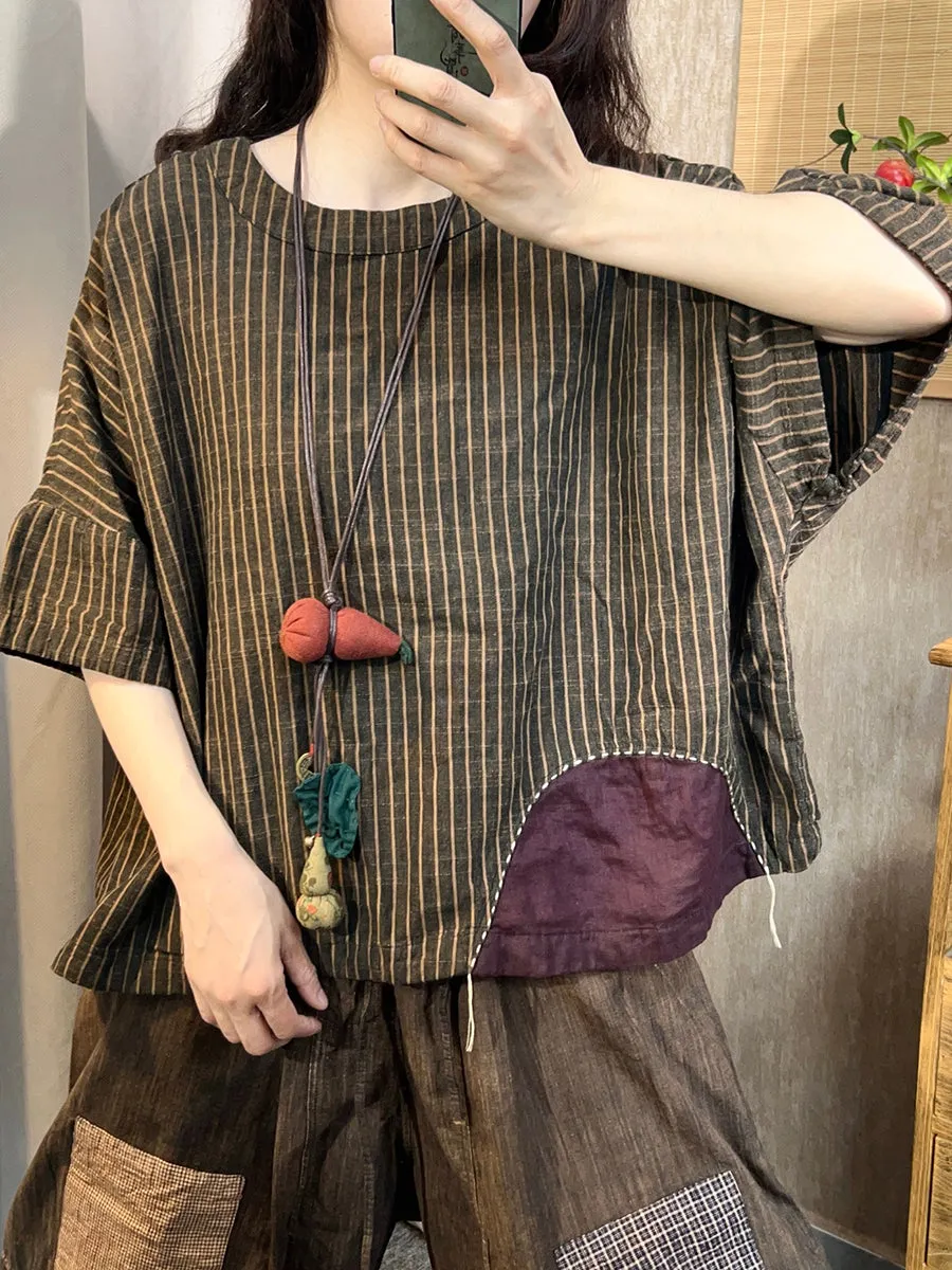 Women Summer Retro Stripe Patchwork O-Neck Linen Shirt