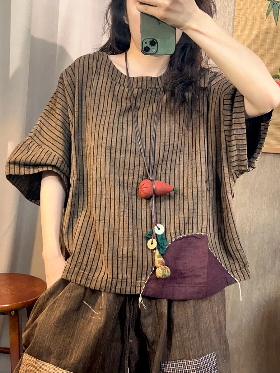 Women Summer Retro Stripe Patchwork O-Neck Linen Shirt
