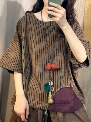 Women Summer Retro Stripe Patchwork O-Neck Linen Shirt