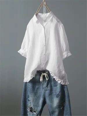 Women Vintage Button Turn Down Collar Half Sleeve Solid Color Shirts