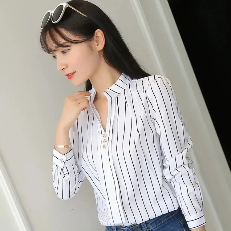 Women White Tops Women's Blouses Fashion Stripe Print Casual Long Sleeve Office Lady Work Shirts Female Slim