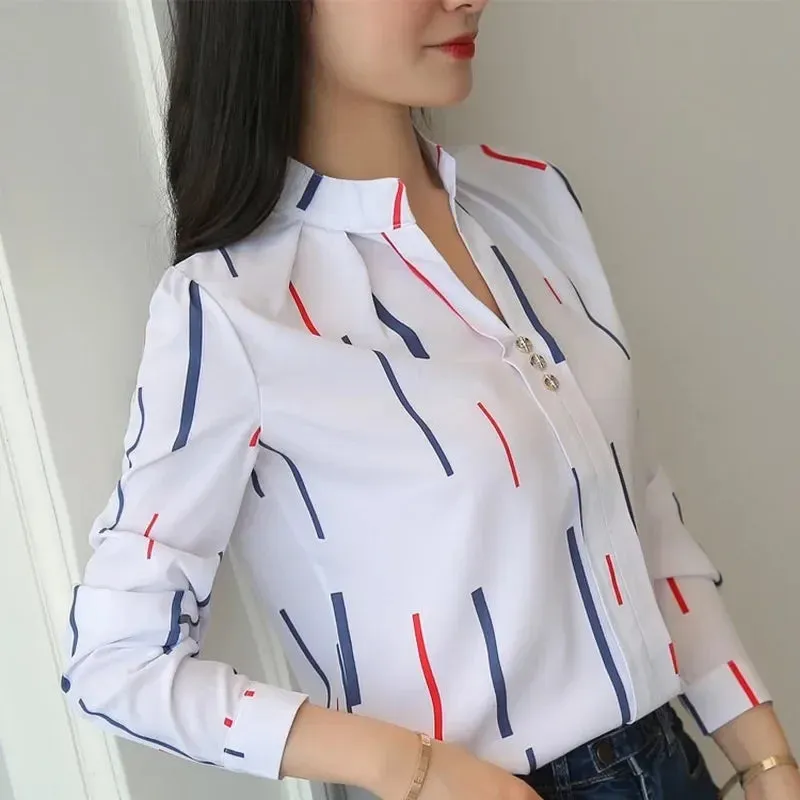 Women White Tops Women's Blouses Fashion Stripe Print Casual Long Sleeve Office Lady Work Shirts Female Slim