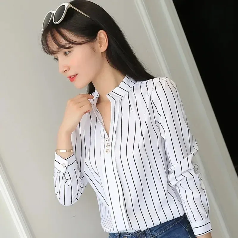 Women White Tops Women's Blouses Fashion Stripe Print Casual Long Sleeve Office Lady Work Shirts Female Slim