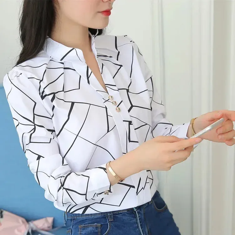 Women White Tops Women's Blouses Fashion Stripe Print Casual Long Sleeve Office Lady Work Shirts Female Slim