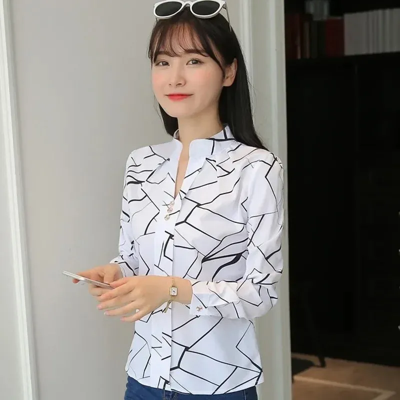 Women White Tops Women's Blouses Fashion Stripe Print Casual Long Sleeve Office Lady Work Shirts Female Slim