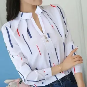 Women White Tops Women's Blouses Fashion Stripe Print Casual Long Sleeve Office Lady Work Shirts Female Slim