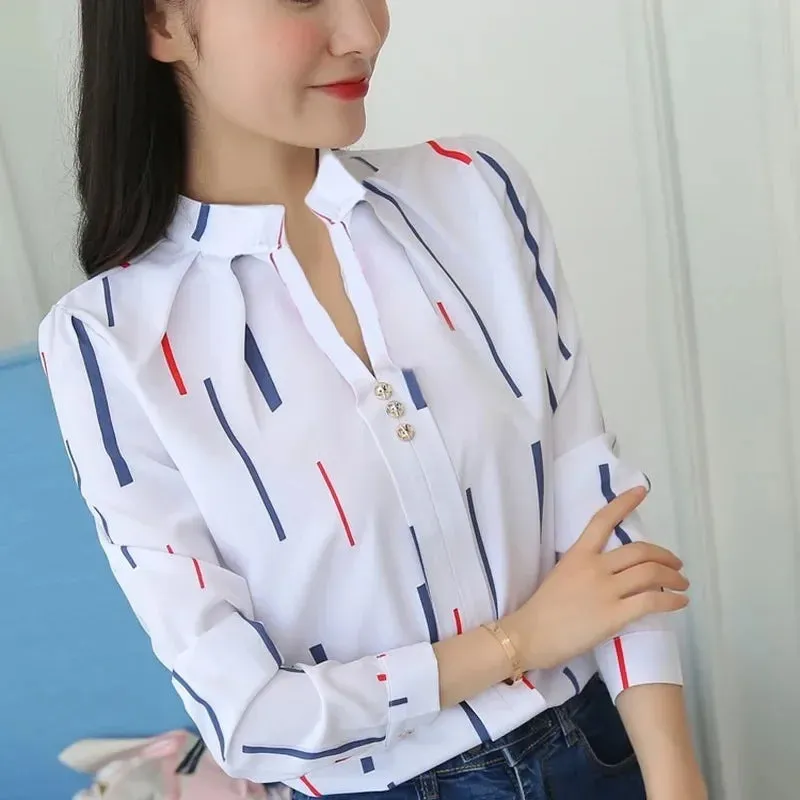 Women White Tops Women's Blouses Fashion Stripe Print Casual Long Sleeve Office Lady Work Shirts Female Slim