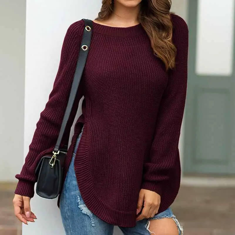 Women's Fall Long Sleeve Side Split Loose Blouses Casual Pullover Tunic Tops K294