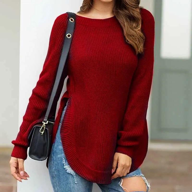 Women's Fall Long Sleeve Side Split Loose Blouses Casual Pullover Tunic Tops K294