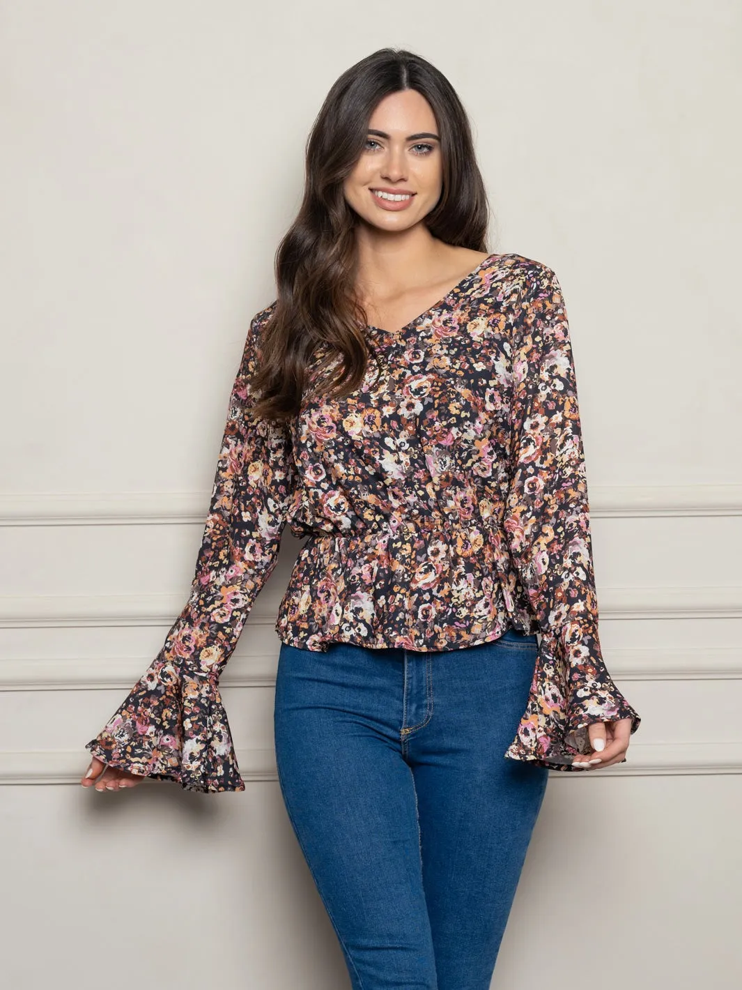 WOMEN'S FLORAL BELL SLEEVE WOVEN TOP