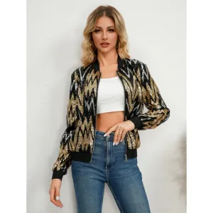 Women's Glam Party Sequin Bomber Jacket | Zipper
