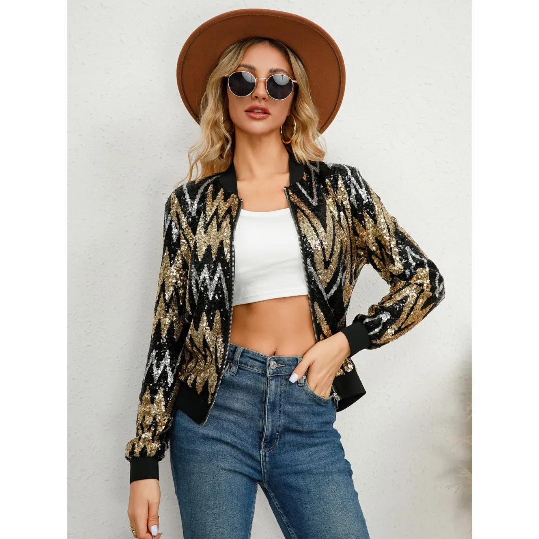 Women's Glam Party Sequin Bomber Jacket | Zipper