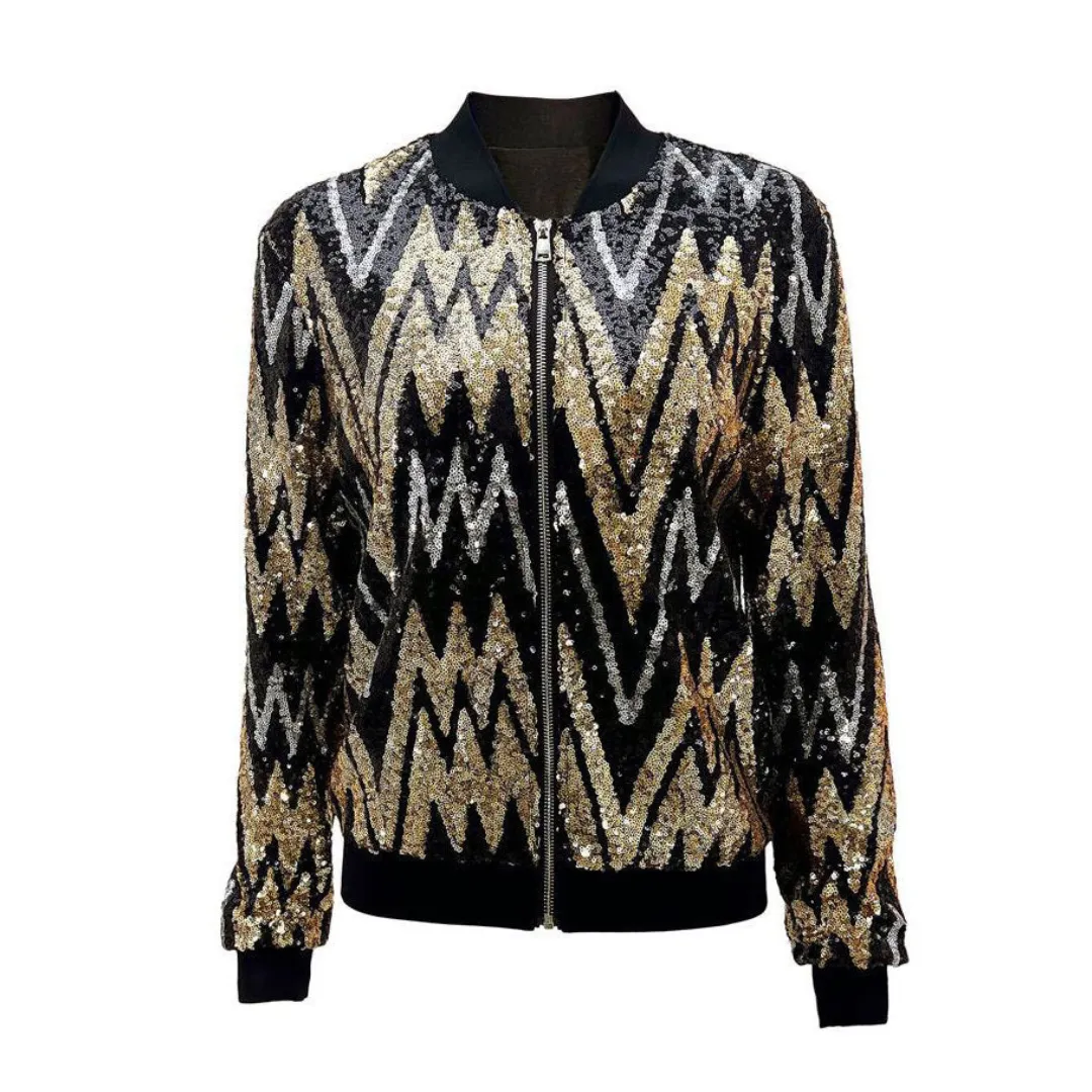 Women's Glam Party Sequin Bomber Jacket | Zipper