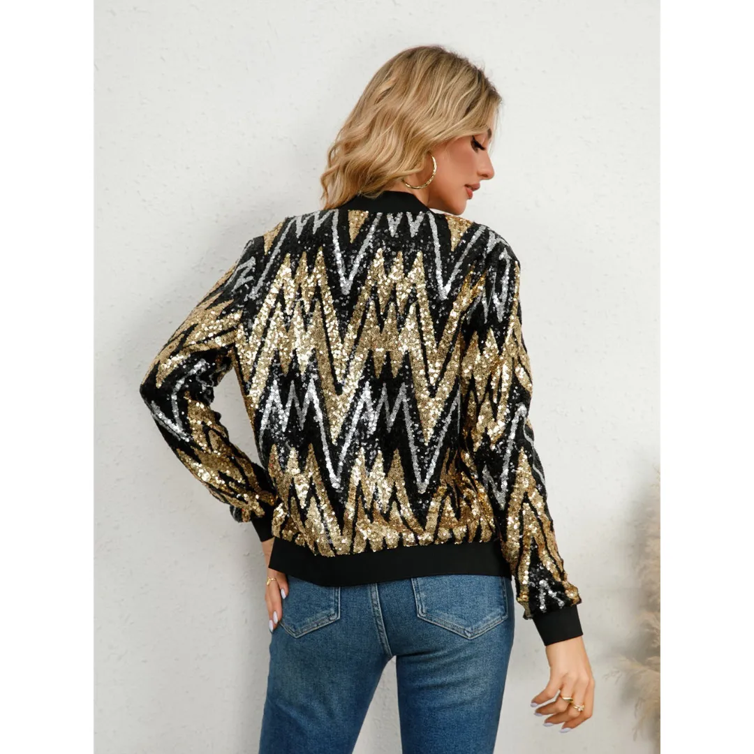 Women's Glam Party Sequin Bomber Jacket | Zipper