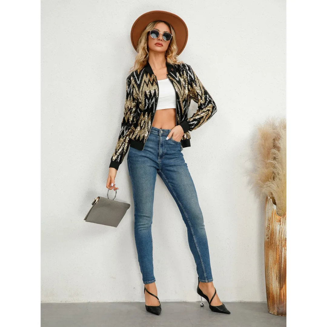 Women's Glam Party Sequin Bomber Jacket | Zipper