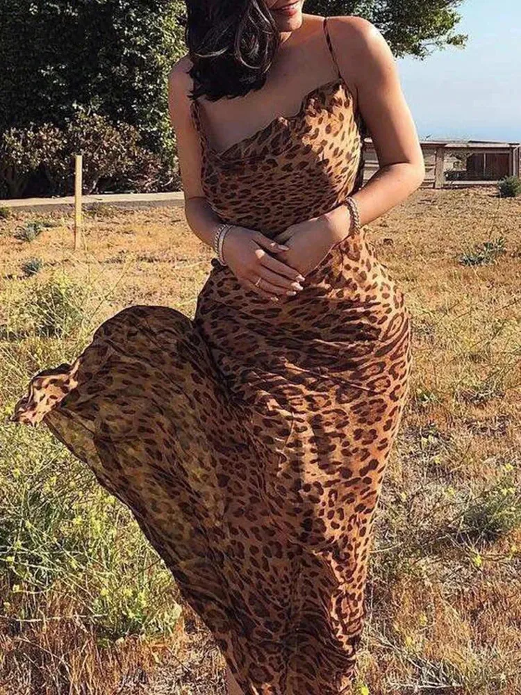Women's Leopard Print V-Neck Sexy Bodycon Long Dress Lace Up Spaghetti Straps Backless Party Dresses