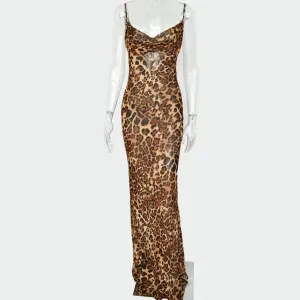 Women's Leopard Print V-Neck Sexy Bodycon Long Dress Lace Up Spaghetti Straps Backless Party Dresses