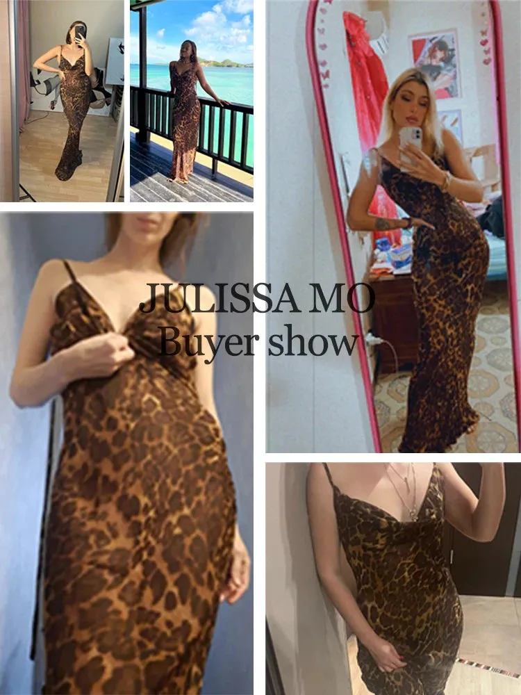 Women's Leopard Print V-Neck Sexy Bodycon Long Dress Lace Up Spaghetti Straps Backless Party Dresses