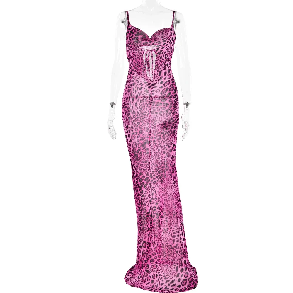 Women's Leopard Print V-Neck Sexy Bodycon Long Dress Lace Up Spaghetti Straps Backless Party Dresses