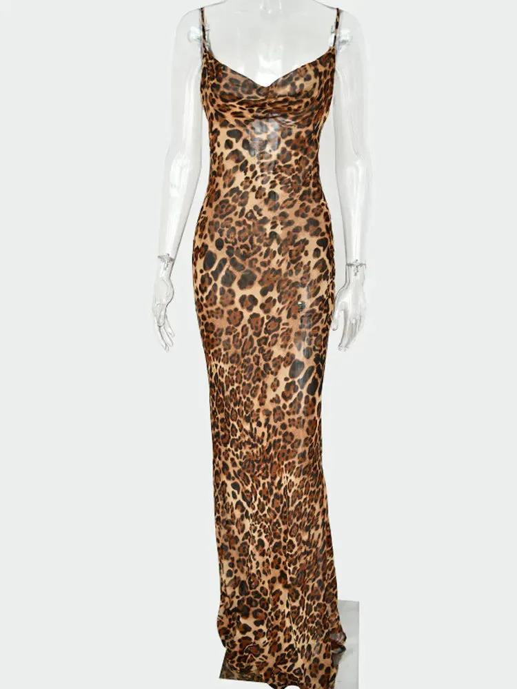 Women's Leopard Print V-Neck Sexy Bodycon Long Dress Lace Up Spaghetti Straps Backless Party Dresses