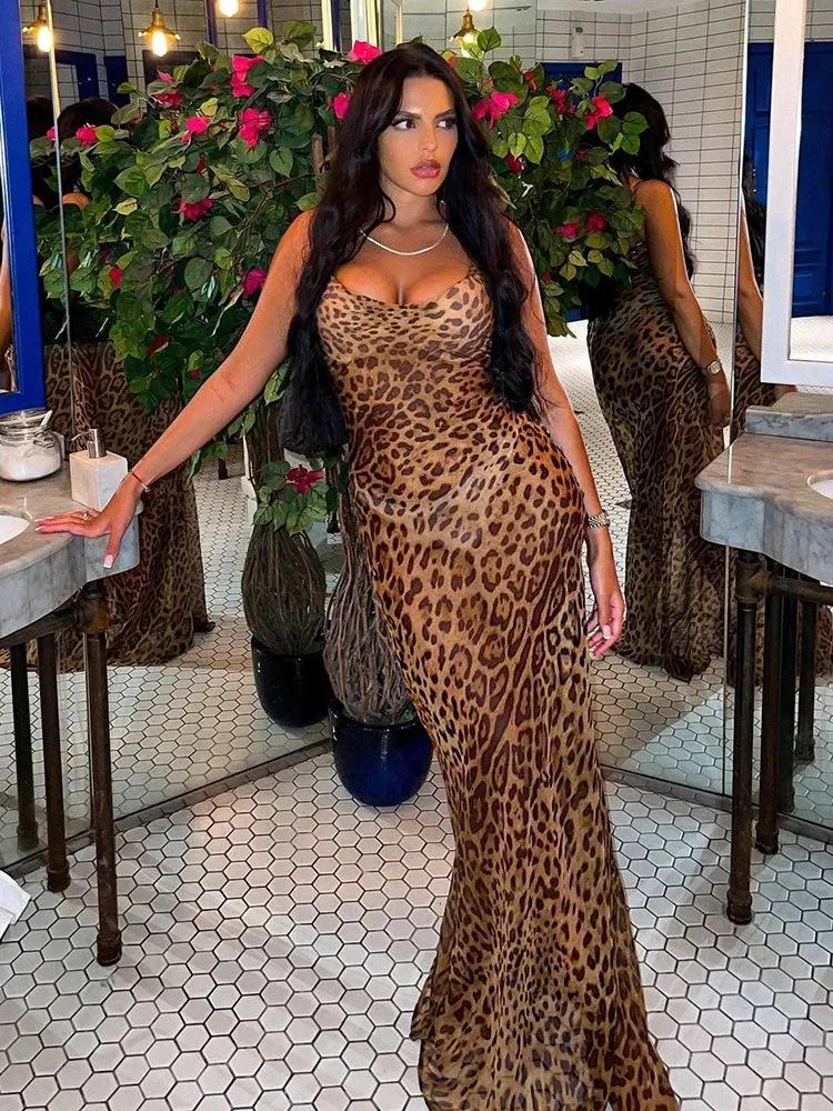 Women's Leopard Print V-Neck Sexy Bodycon Long Dress Lace Up Spaghetti Straps Backless Party Dresses