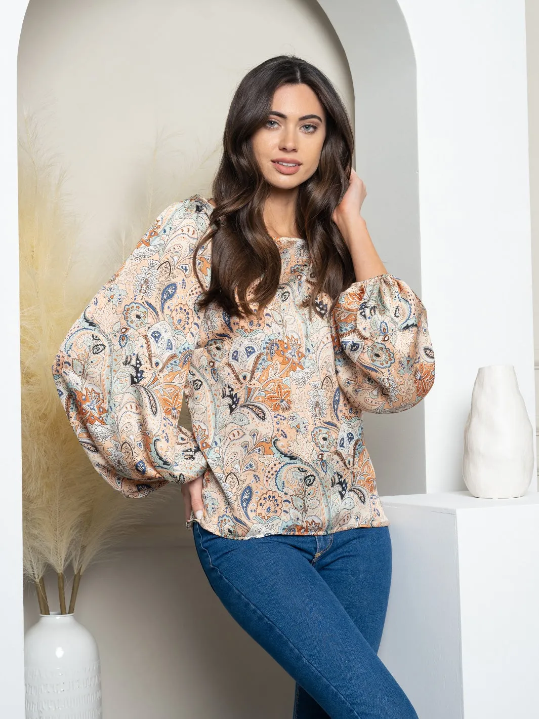WOMEN'S LONG SLEEVE PAISLEY PRINT TOP