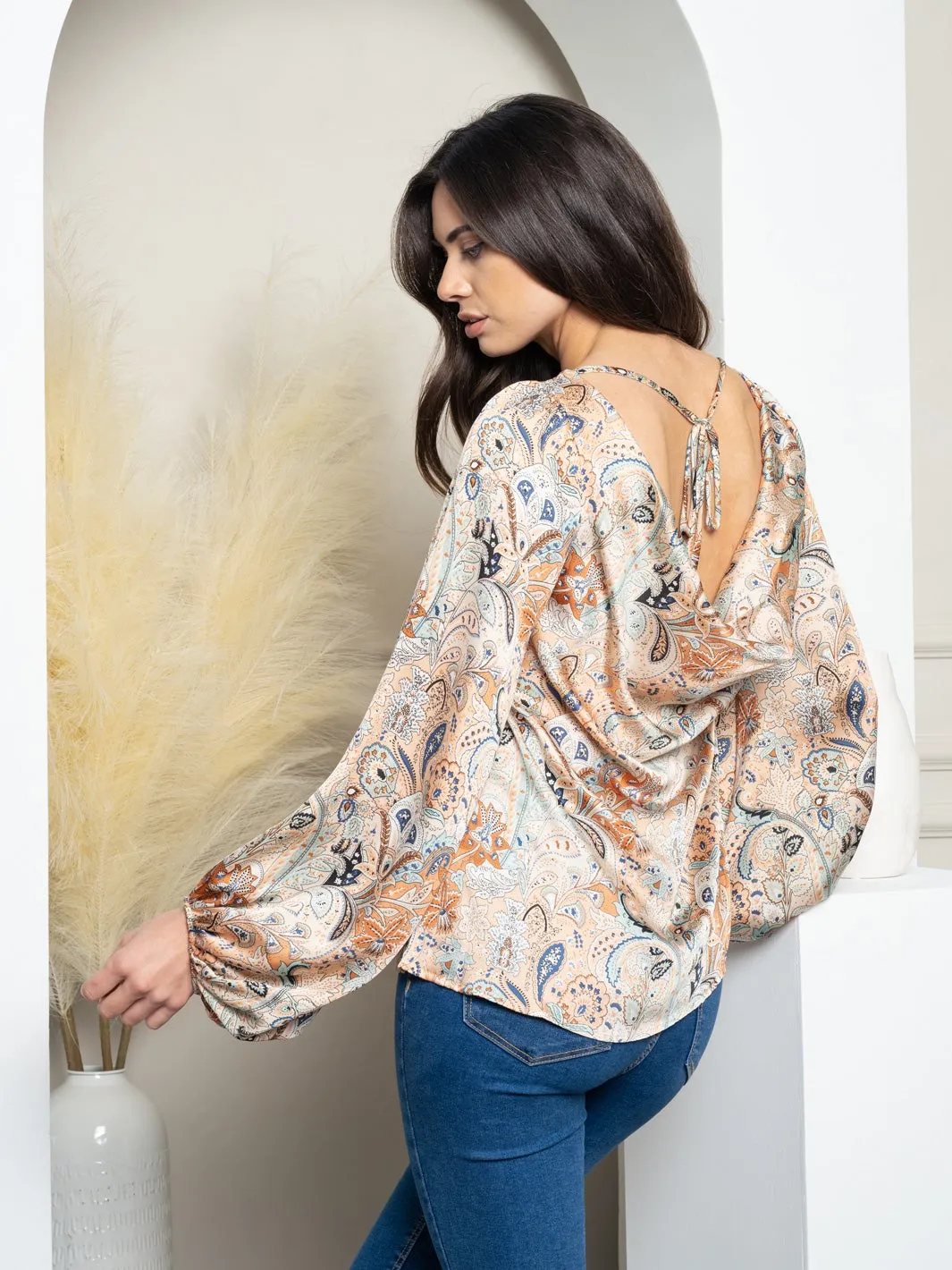 WOMEN'S LONG SLEEVE PAISLEY PRINT TOP