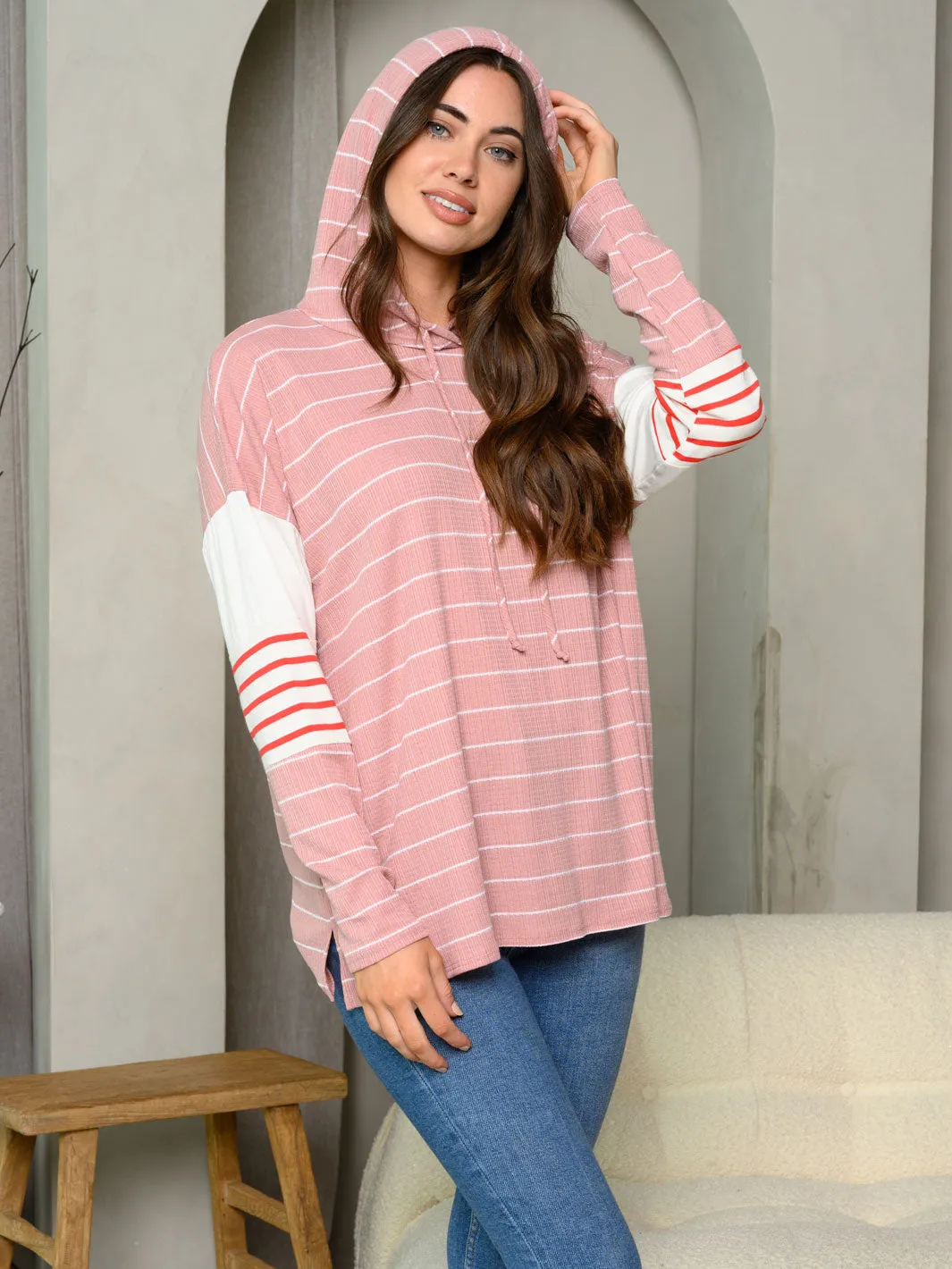WOMEN'S LONG SLEEVE STRIPES COLORBLOCK HOODIE TOP