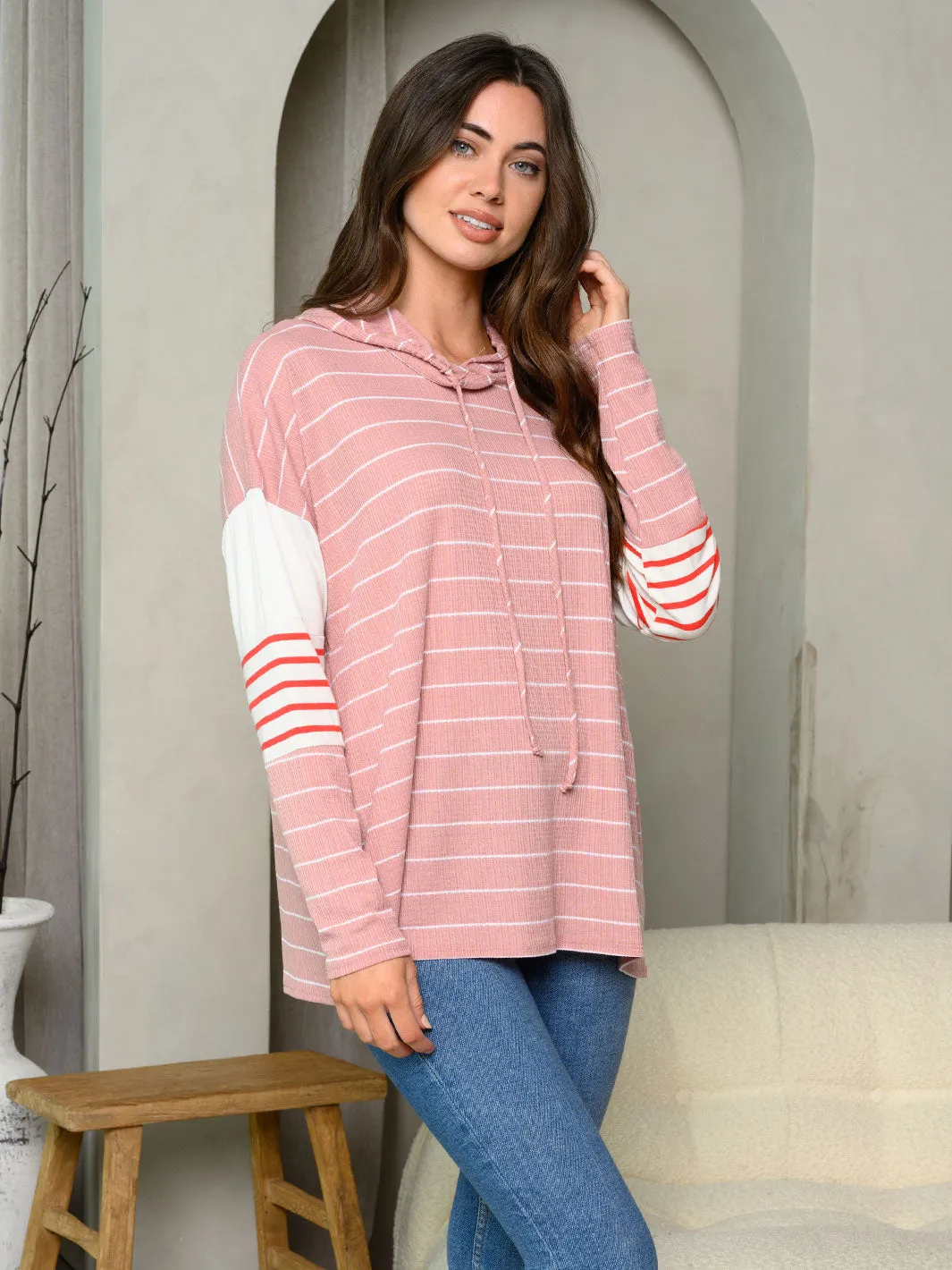 WOMEN'S LONG SLEEVE STRIPES COLORBLOCK HOODIE TOP