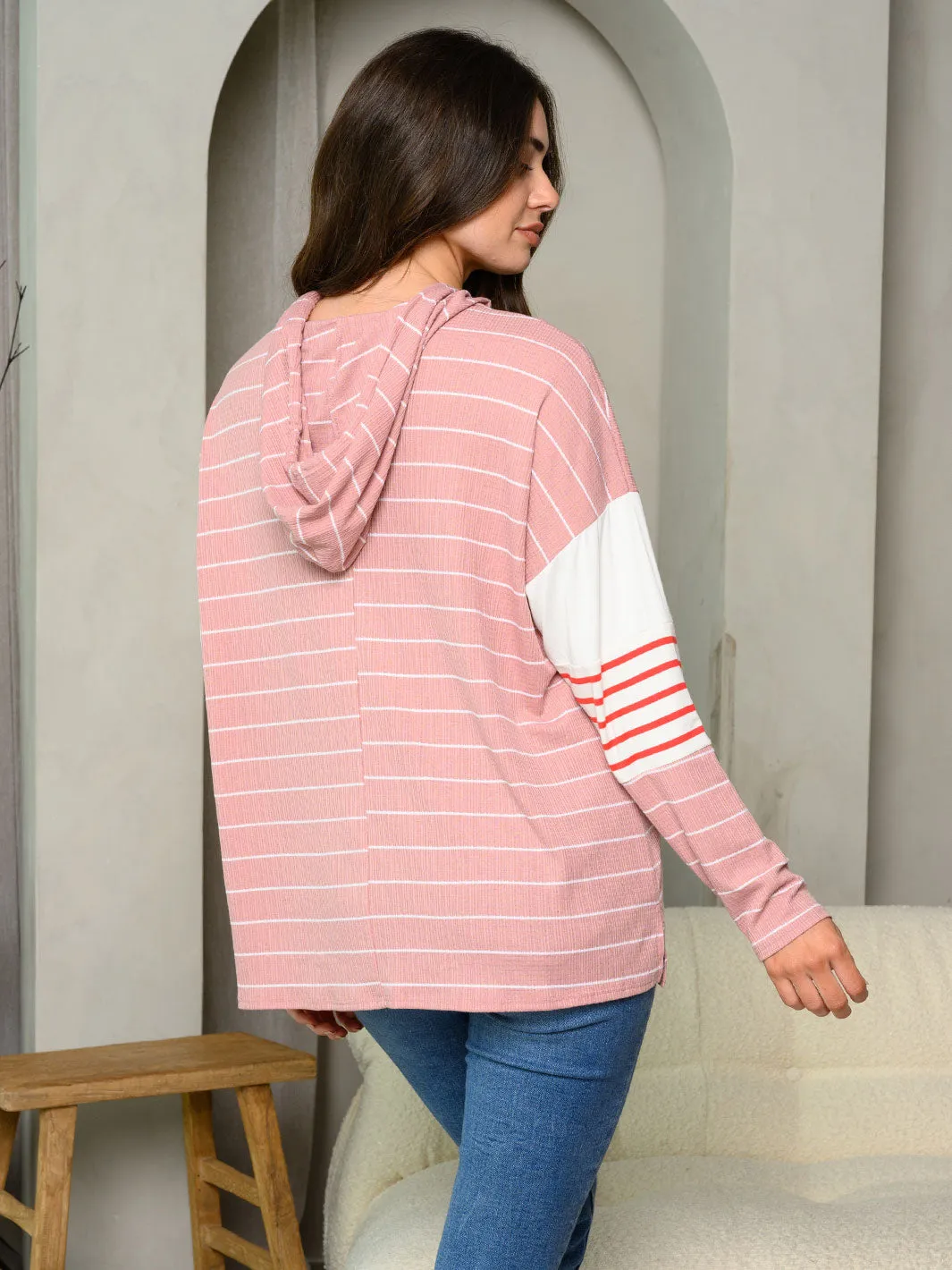 WOMEN'S LONG SLEEVE STRIPES COLORBLOCK HOODIE TOP