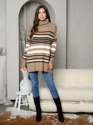 WOMEN'S LONG SLEEVE TURTLE NECK STRIPES TUNIC SWEATER