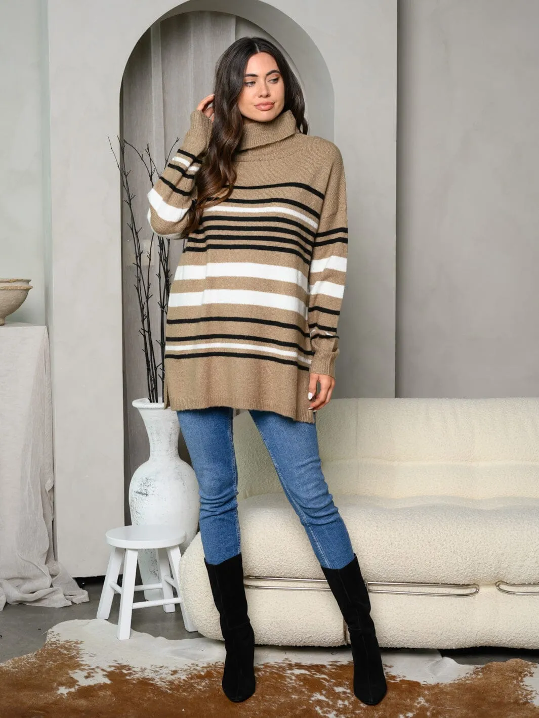 WOMEN'S LONG SLEEVE TURTLE NECK STRIPES TUNIC SWEATER