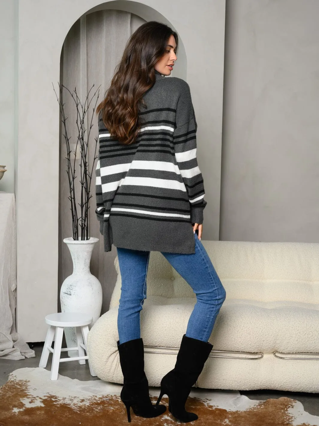 WOMEN'S LONG SLEEVE TURTLE NECK STRIPES TUNIC SWEATER