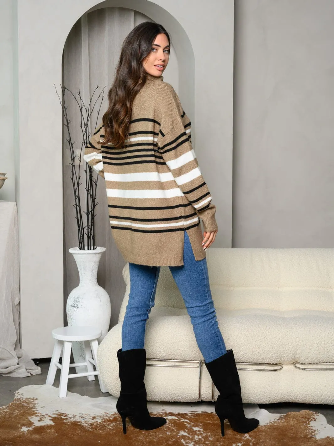 WOMEN'S LONG SLEEVE TURTLE NECK STRIPES TUNIC SWEATER