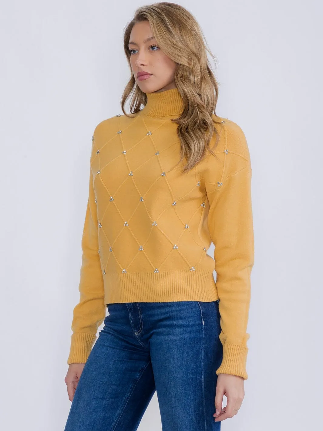 WOMEN'S LONG SLEEVE TURTLE NECK STUDS PULLOVER SWEATER