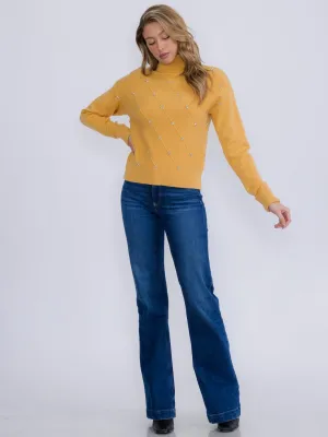 WOMEN'S LONG SLEEVE TURTLE NECK STUDS PULLOVER SWEATER