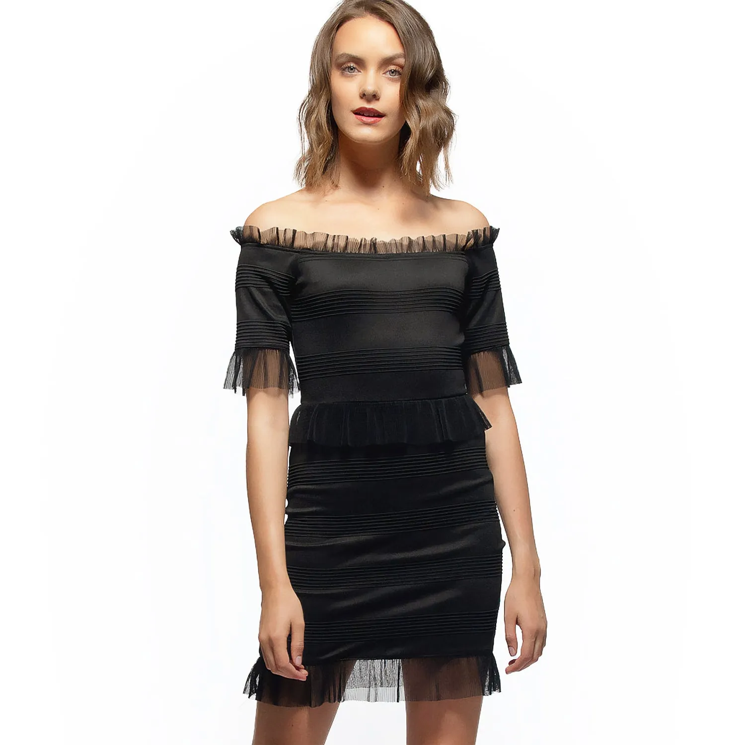 Women's Off Shoulder Lace Trim Bodycon Dress In Black