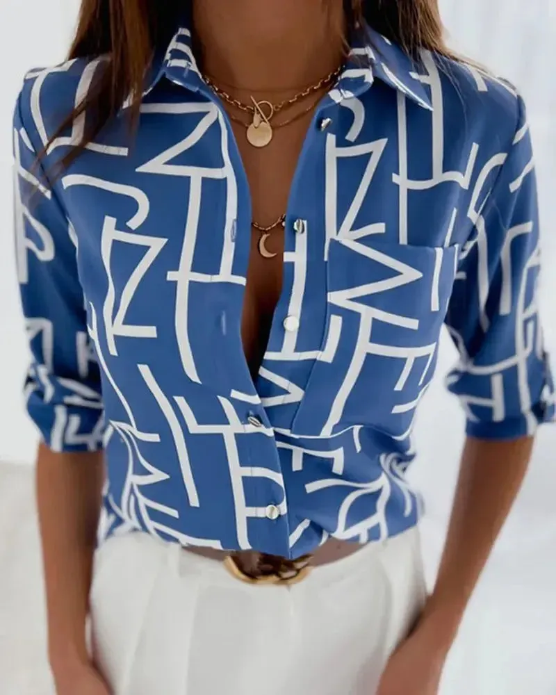 Women's Office Top Long Sleeve Shirt Printed Fashion Casual Flower Polo Shirt Women