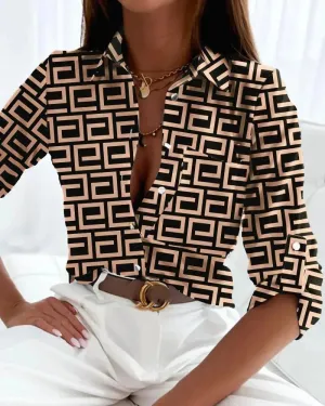 Women's Office Top Long Sleeve Shirt Printed Fashion Casual Flower Polo Shirt Women