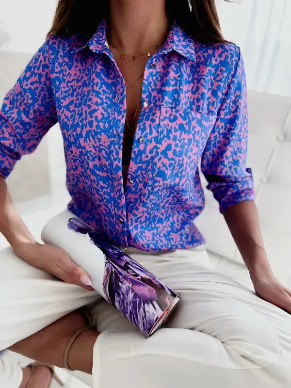 Women's Office Top Long Sleeve Shirt Printed Fashion Casual Flower Polo Shirt Women